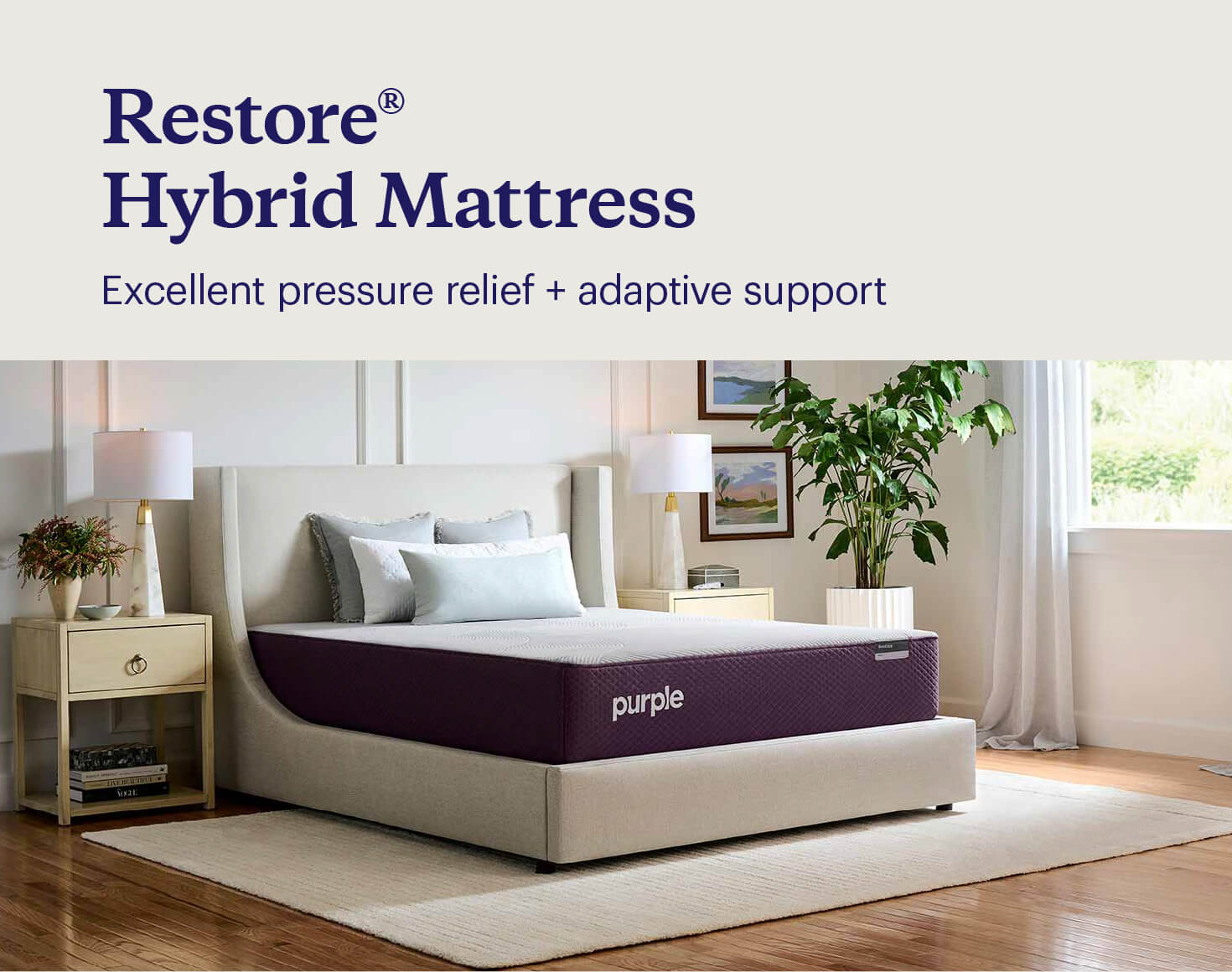 A Purple Restore Hybrid with text describing two features.
