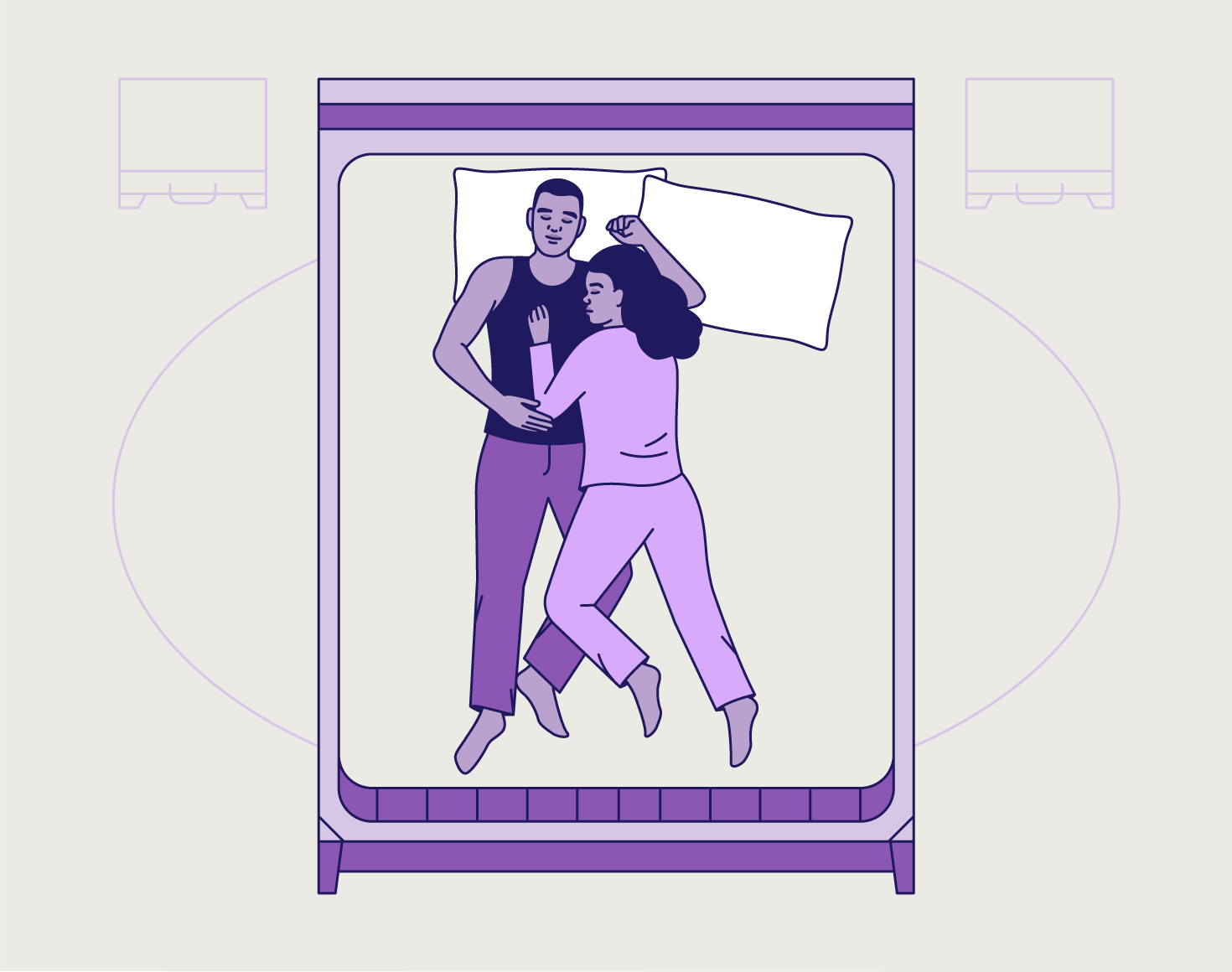 A masculine and feminine figure sleeping in the cradle position.