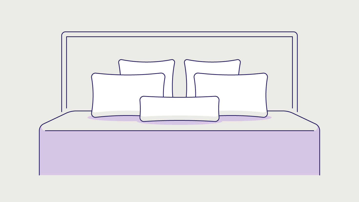 A cylindrical pillow in front of two propped standard pillows and two square Euro pillows.