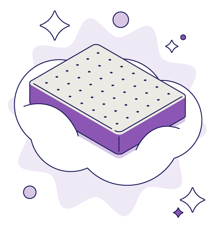 Illustration of a stylized Purple Rejuvenate mattress on a cloud.